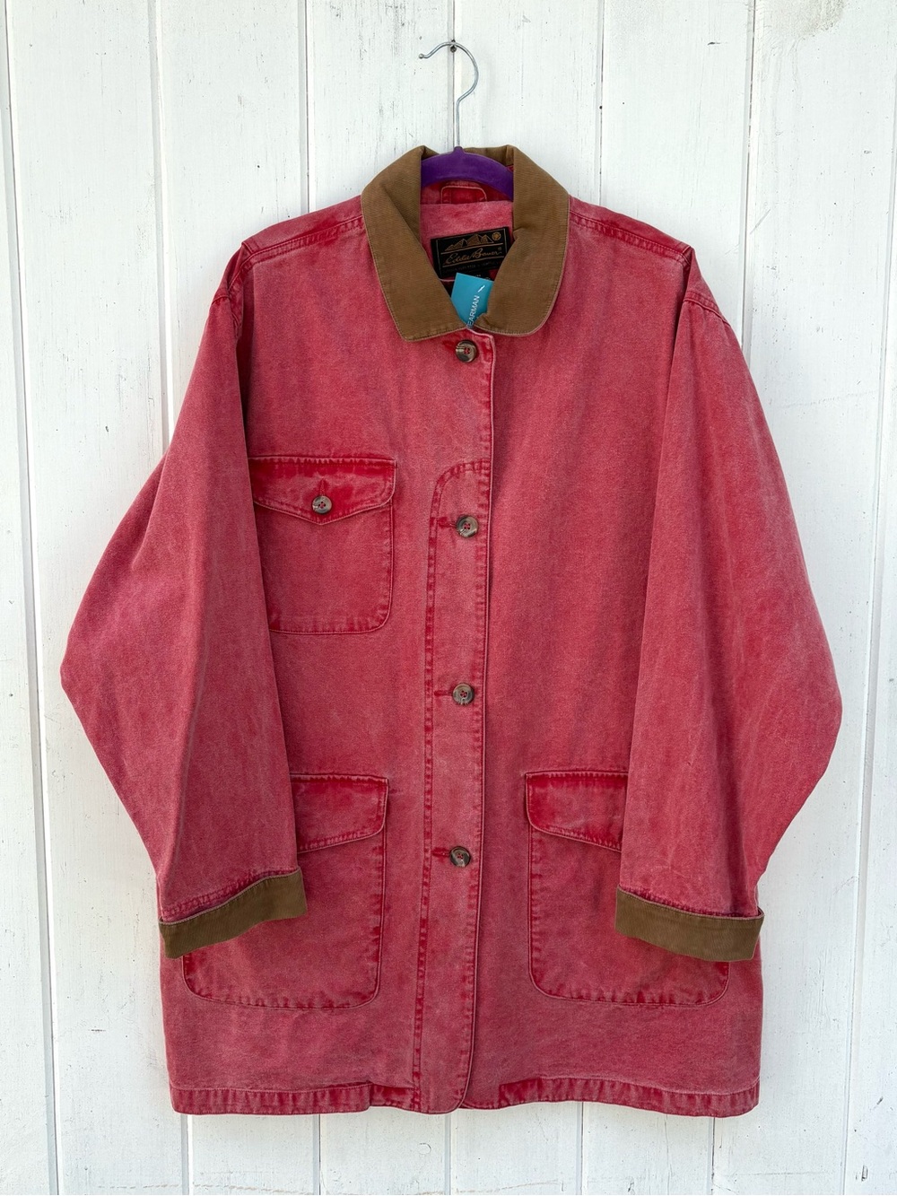 Eddie Bauer Faded Red Cotton Jacket with Brown Cord Collar